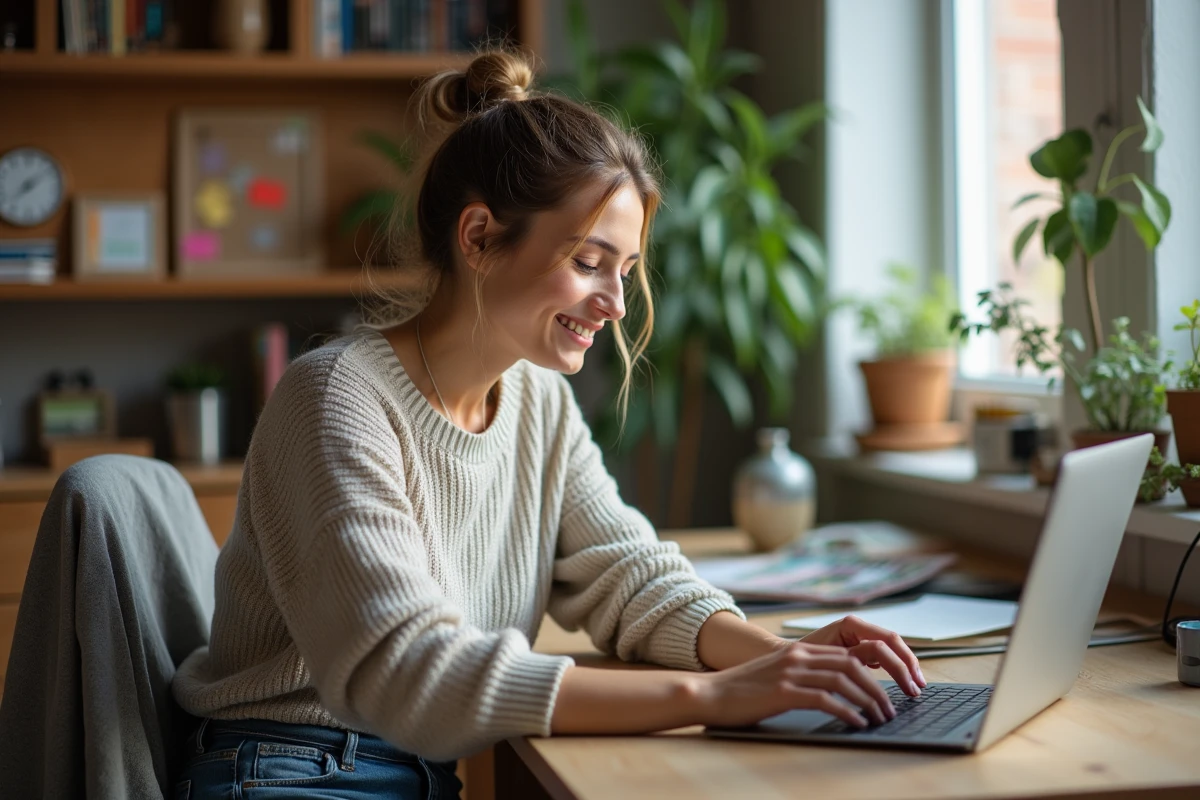 Femme souriante travaillant sur son ordinateur dans un bureau cosy