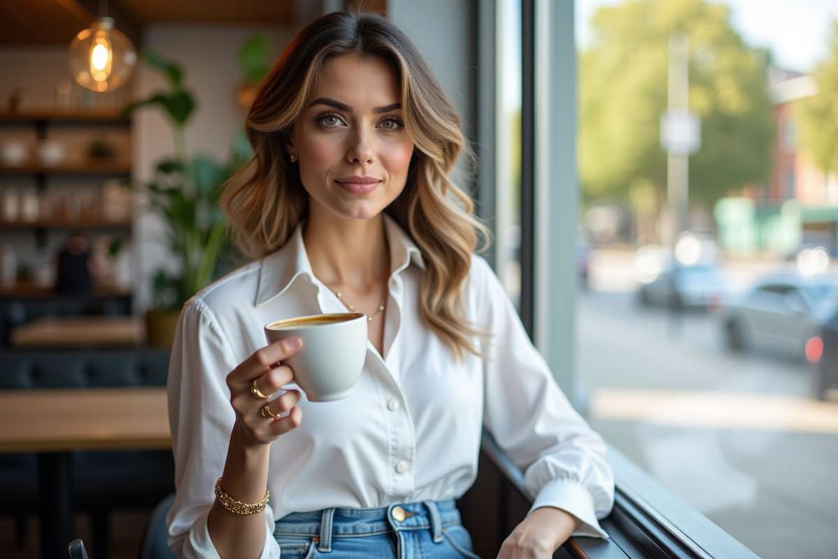 Femme assise au café avec une tasse de café en intérieur lumineux