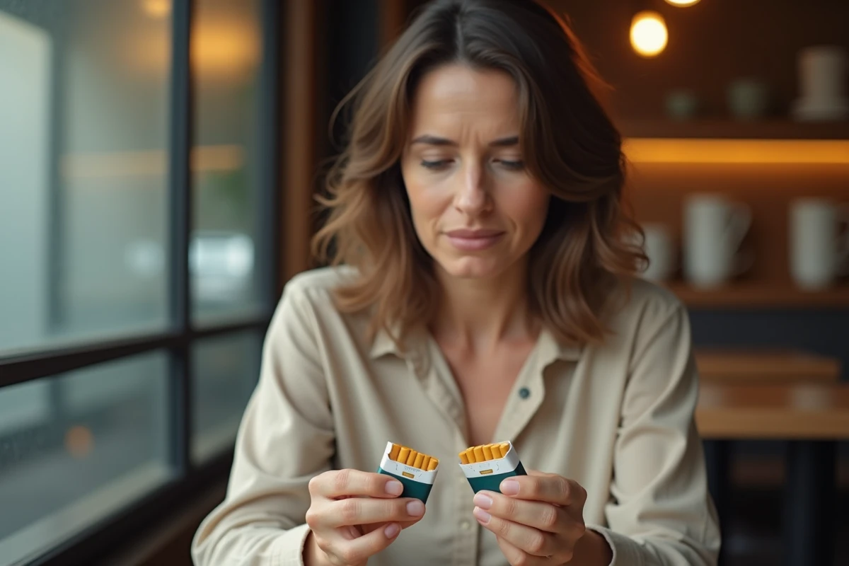 Femme tenant deux paquets de cigarettes Vogue de couleurs différentes dans un café, hésitant entre les variantes