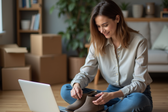 Femme assise à la maison compare deux paires de chaussures