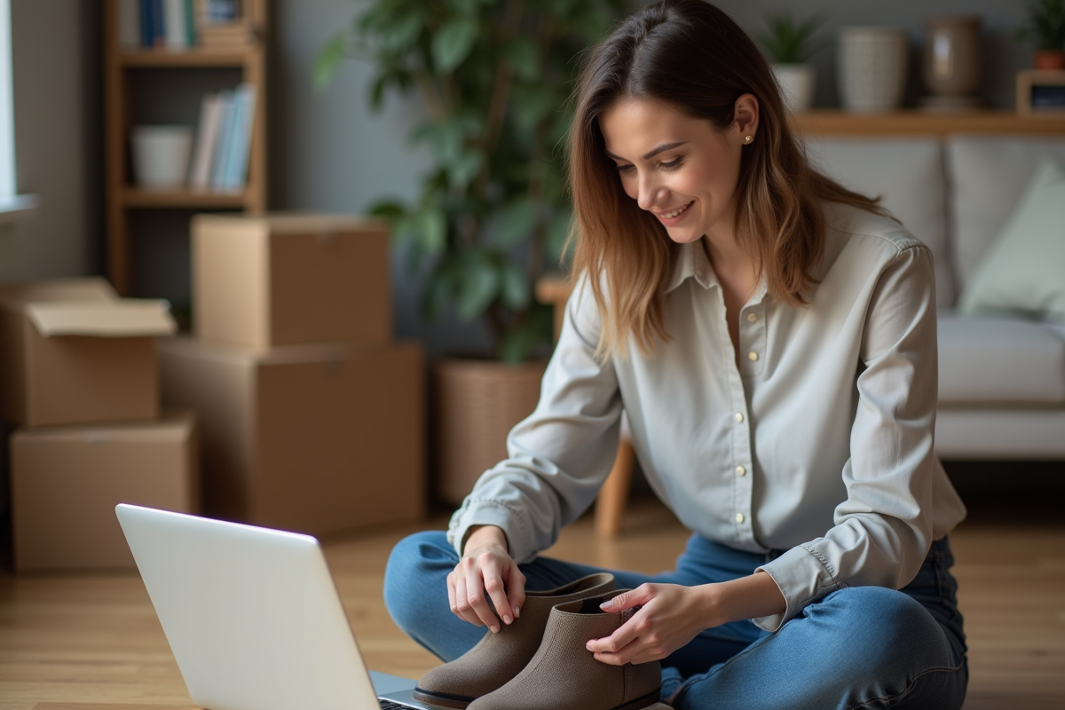 Femme assise à la maison compare deux paires de chaussures