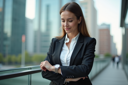 Femme confiante en affaires vérifiant l'heure avec une montre élégante