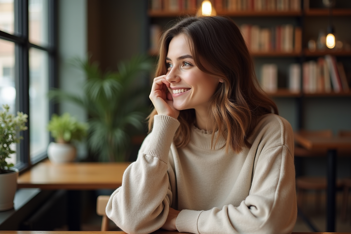 Femme souriante dans un café cosy en ville
