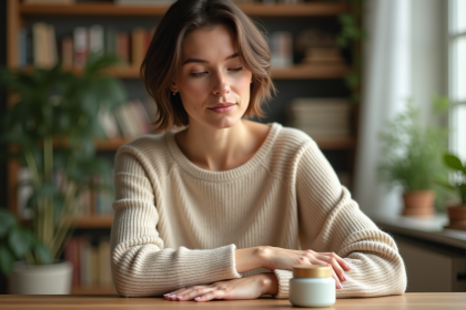 Femme appliquant une creme hydratante sur la main dans un int&eacute;rieur cosy