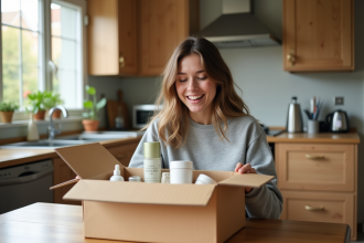 Jeune femme déballant des échantillons de produits dans la cuisine
