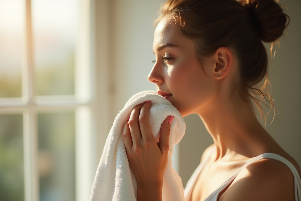 Femme dans la salle de bain pressant une serviette blanche sur ses lèvres