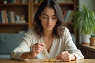 Femme qui démêle un collier en or fin avec une expression méditative, symbolisme spirituel du bijou emmêlé