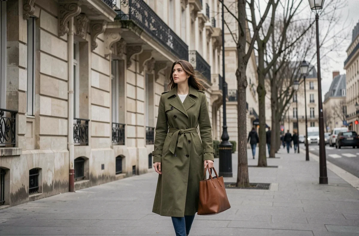 Jeune femme élégante marchant discrètement sur un trottoir parisien avec un trench vert, évoquant l'anonymat et la vie privée d'une personnalité publique