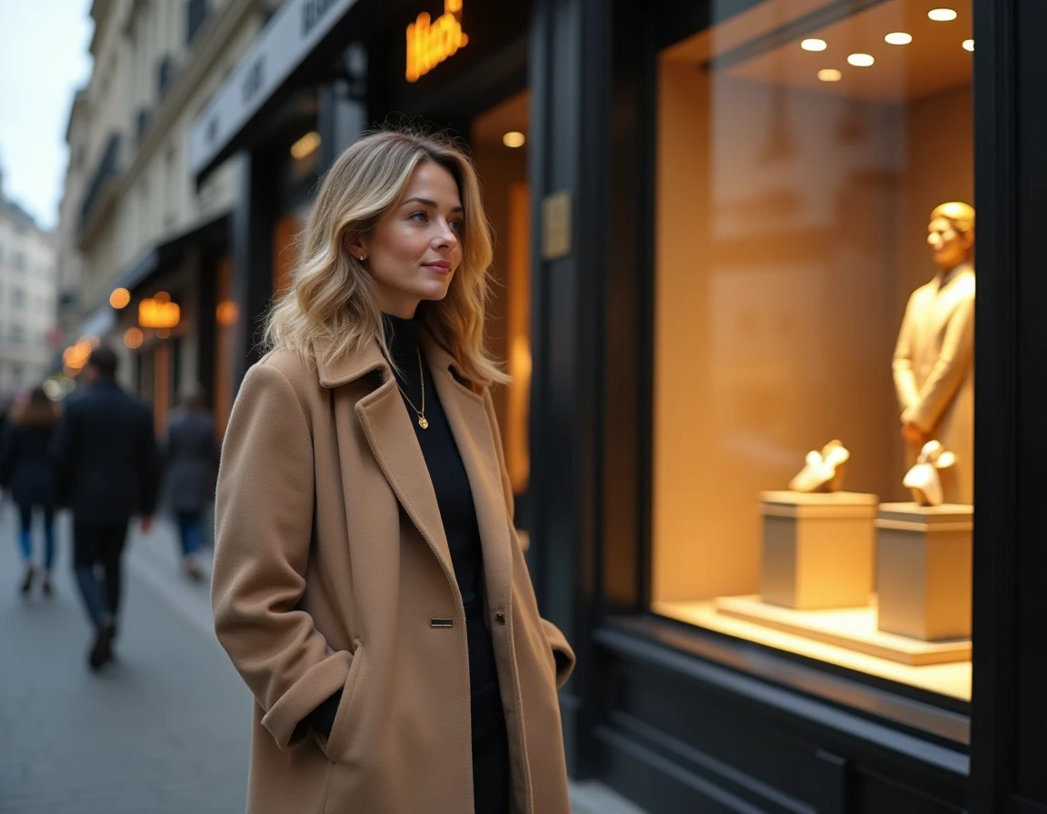 Femme élégante en manteau cachemire devant la vitrine d'une boutique de montres de luxe Richemont dans une rue parisienne