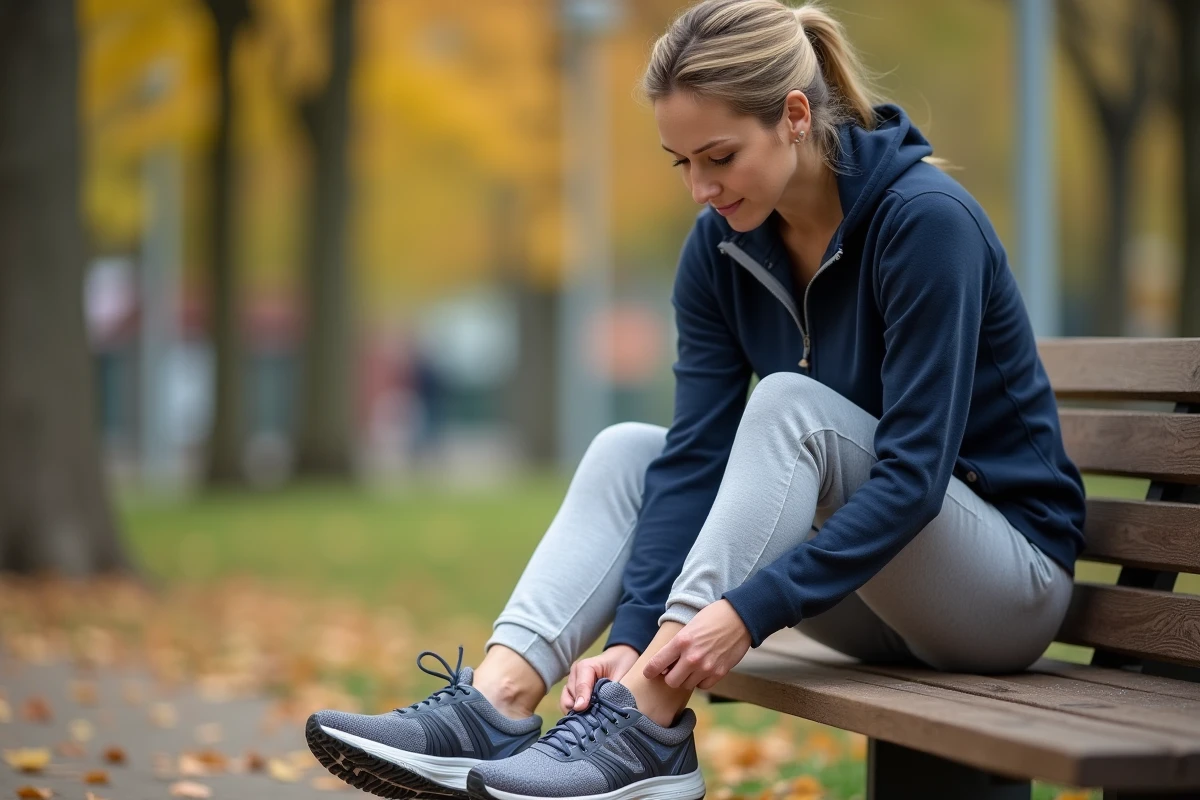 Femme essayant des chaussures de marche confortables sur un banc en bois dans un parc urbain en automne