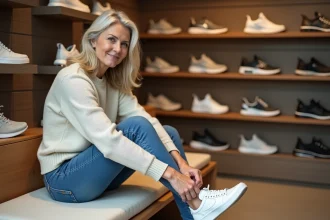 Femme assise dans un magasin de chaussures en train d'essayer une sneakers