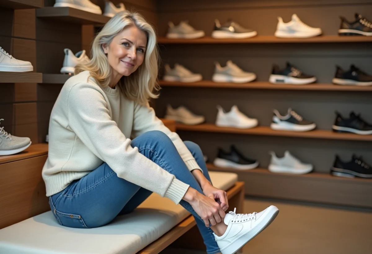 Femme assise dans un magasin de chaussures en train d'essayer une sneakers