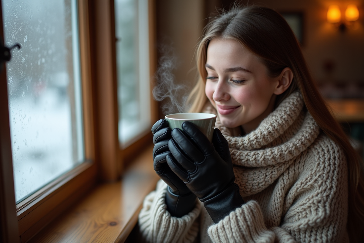Jeune femme souriante avec gants en cuir noir à l