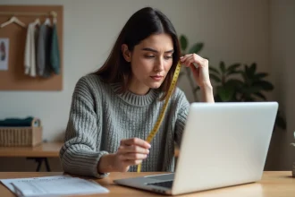 Femme consultant un guide des tailles en ligne avec un mètre ruban à la main, évitant les erreurs de commande vestimentaire sur internet