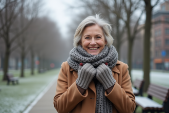 Femme d'âge moyen dans un parc en hiver avec manteau et écharpe