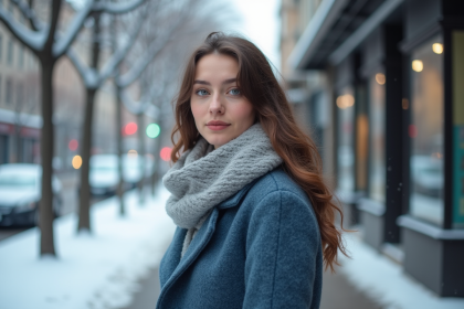 Jeune femme en manteau bleu dans une rue enneigee