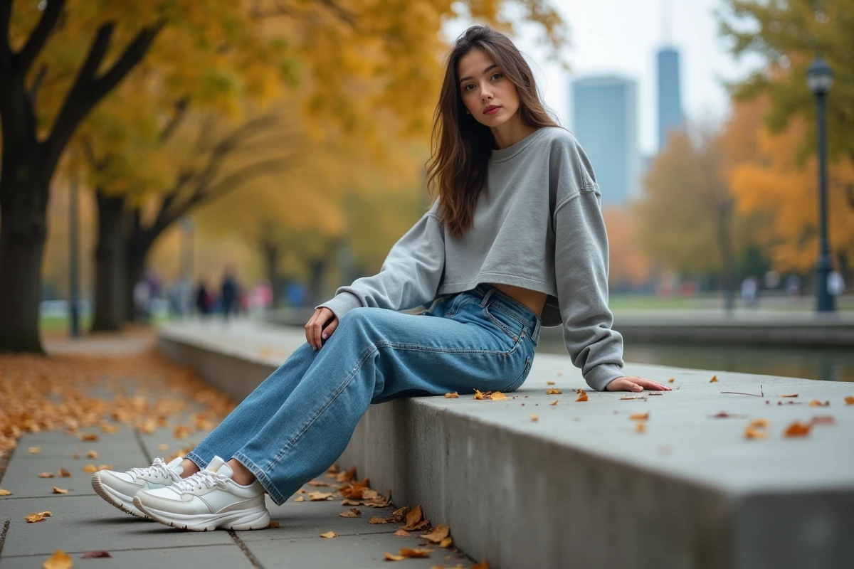 Femme en jeans décontractée assise dans un parc urbain