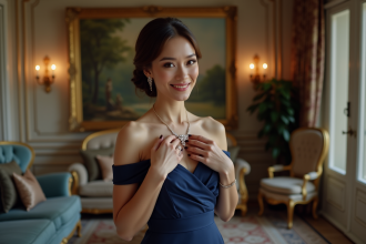 Femme élégante en robe de soie bleue portant un collier diamant