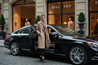 Femme élégante sortant d'une voiture de luxe devant une boutique européenne