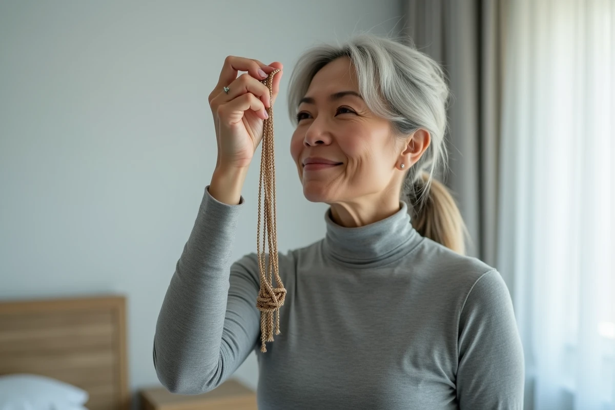 Femme mature tenant un collier emmêlé devant elle avec curiosité, réflexion spirituelle et signification cachée des bijoux