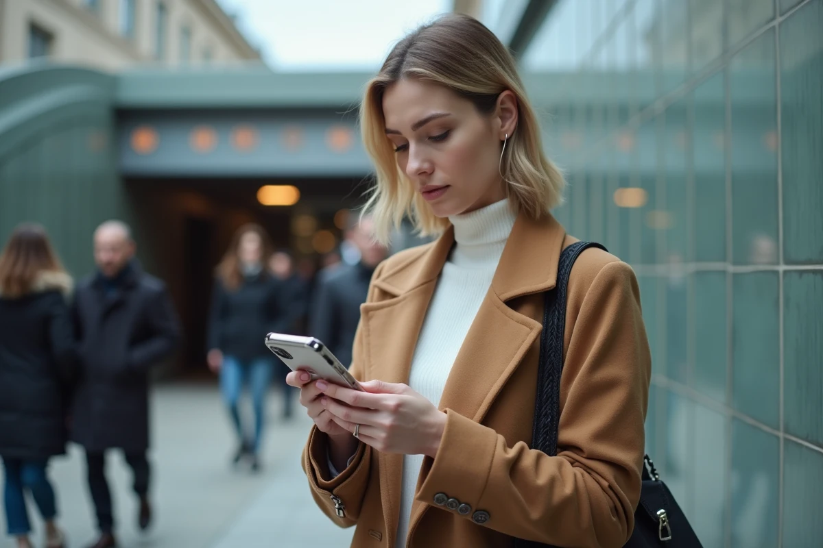 Femme en manteau camel portant son téléphone avec coque à cordon bandoulière près d'une entrée de métro urbain