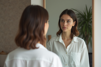 Femme dans sa chambre regardant son profil dans un miroir