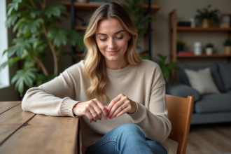 Femme posant sa bague en intérieur avec ambiance chaleureuse