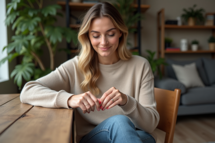 Femme posant sa bague en intérieur avec ambiance chaleureuse