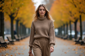Femme élégante en pantalon laine automne dans un parc
