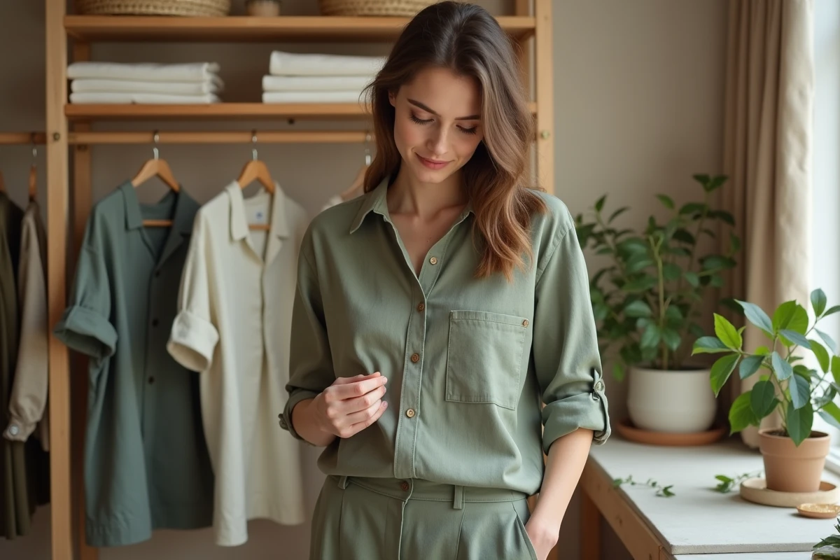 Femme inspectant une étiquette de vêtement écoresponsable dans une boutique de mode durable aux matériaux naturels