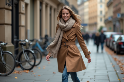 Femme &eacute;l&eacute;gante en trench et &eacute;charpe dans une rue europ&eacute;enne
