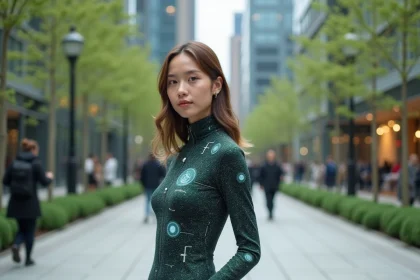 Jeune femme en robe électronique futuriste dans une ville moderne