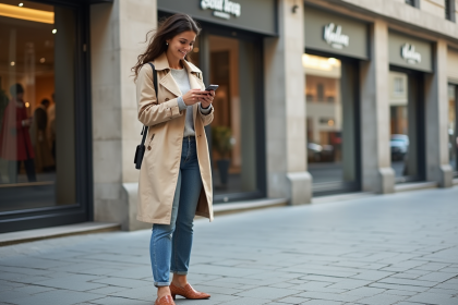 Femme &eacute;l&eacute;gante en trench beige et chaussures color&eacute;es en ville
