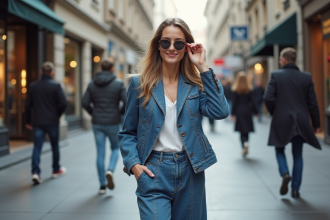 Femme élégante en denim dans une rue urbaine animée