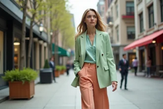 Femme &eacute;l&eacute;gante marchant en ville avec blazer pastel