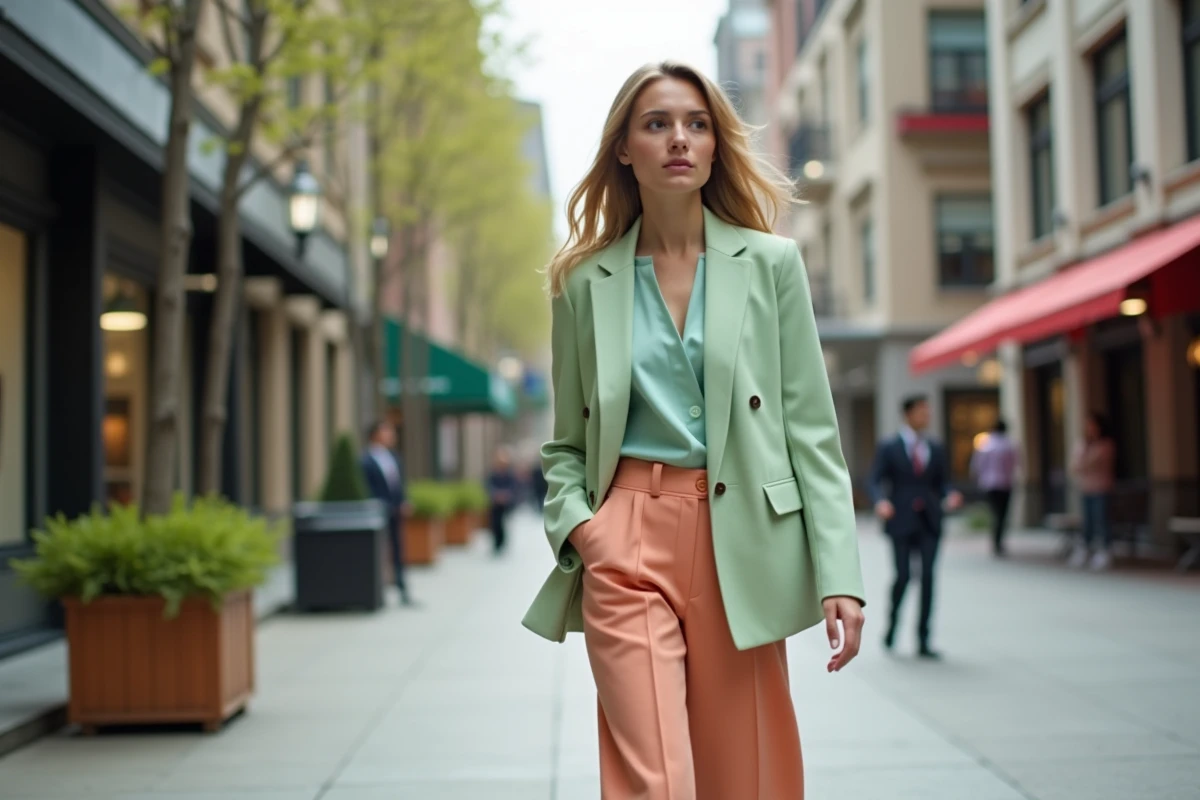 Femme élégante marchant en ville avec blazer pastel