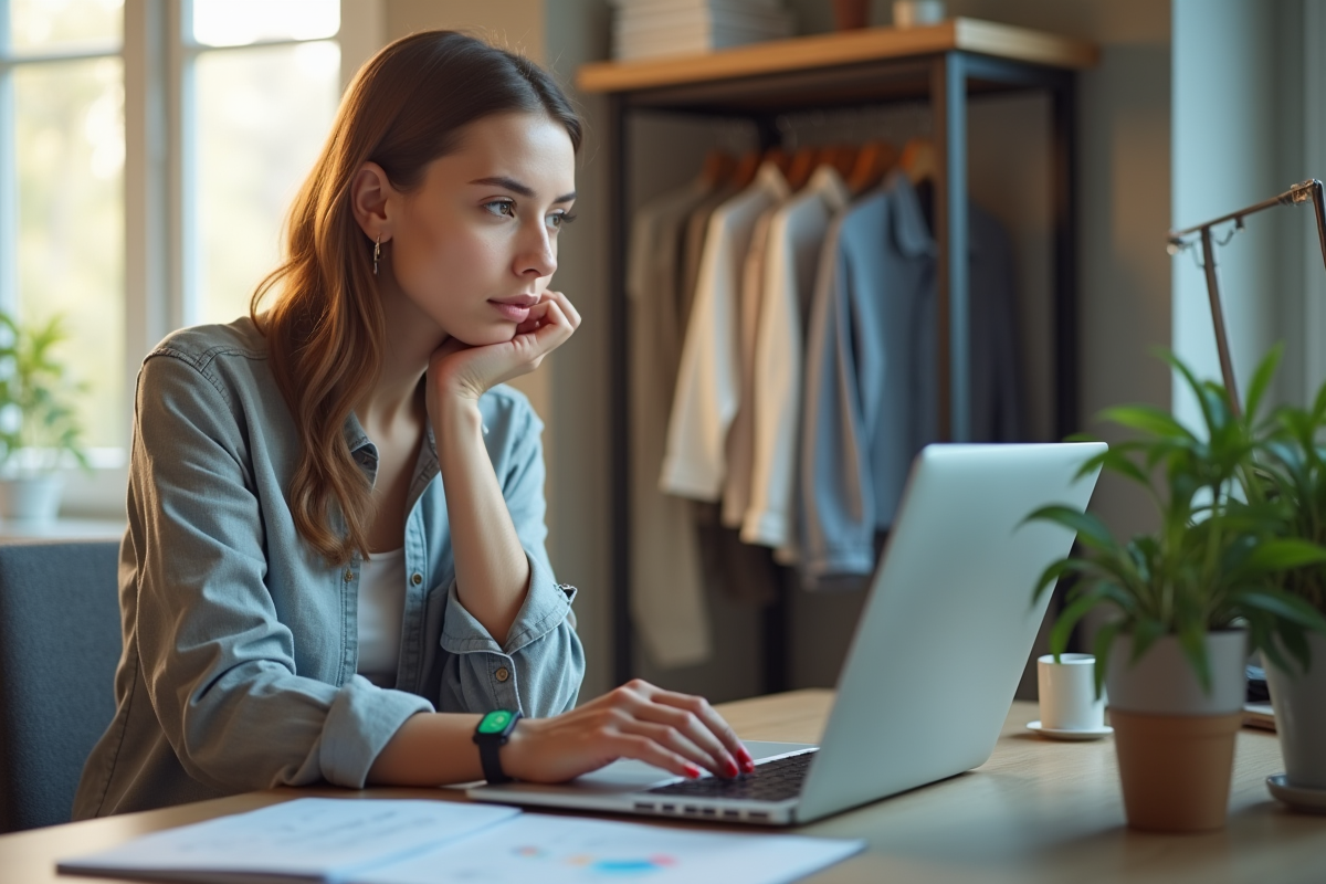 Jeune femme comparant des tailles de vêtements sur son ordinateur