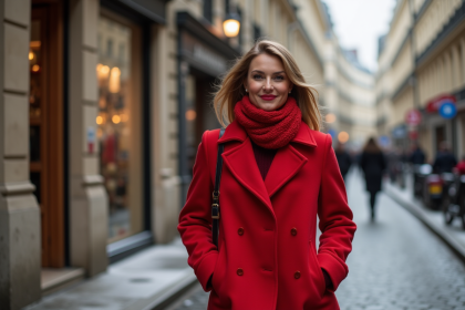Femme élégante marchant dans Paris en manteau rouge