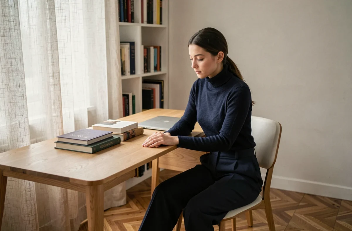 Jeune femme pensive assise à un bureau minimaliste à domicile, illustrant la discrétion et le mystère autour d'une carrière professionnelle