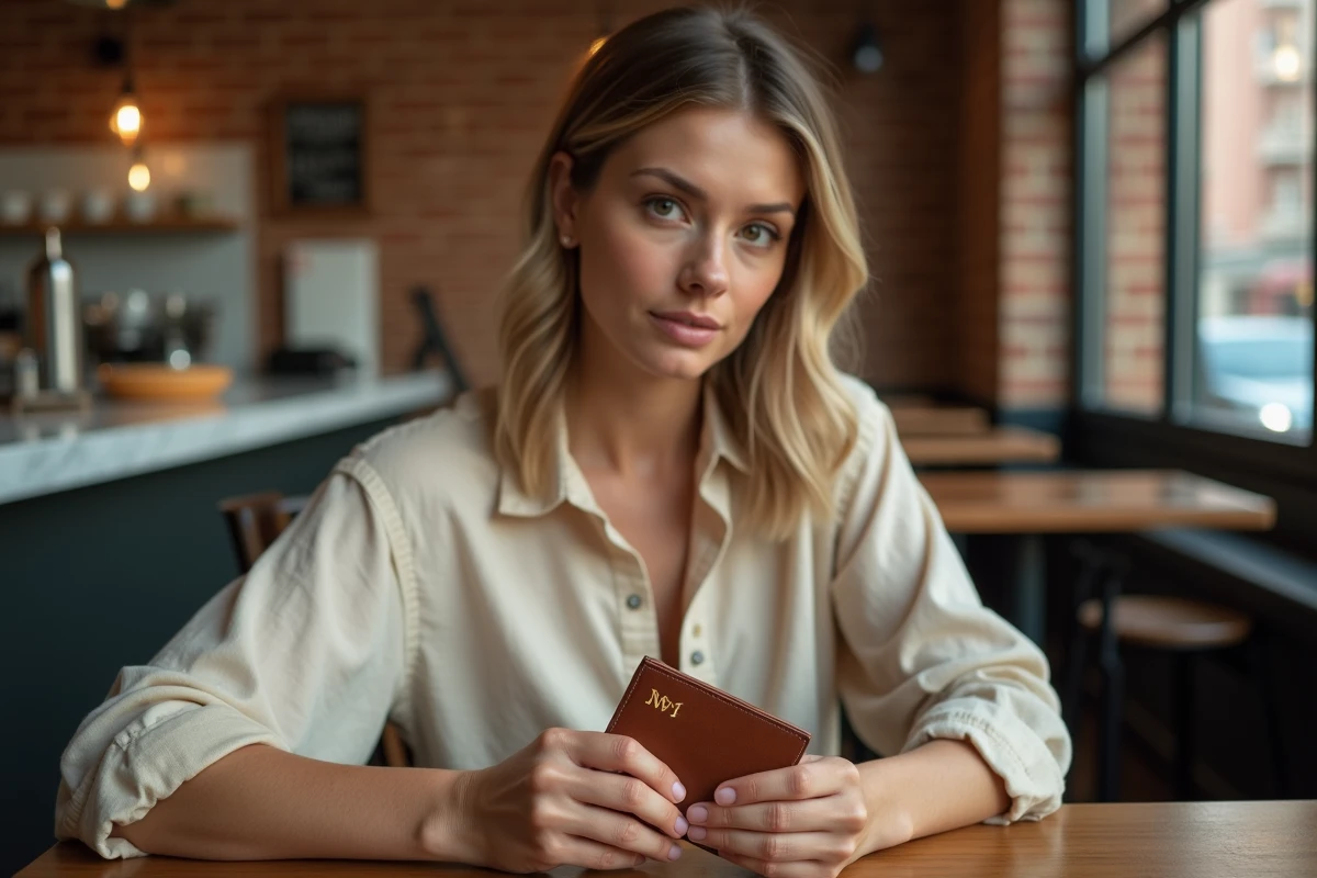 Femme tenant un portefeuille en cuir personnalisé avec initiales gravées dans un café urbain