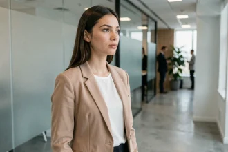 Jeune femme professionnelle discrète en blazer beige dans un couloir de bureau moderne, symbolisant la vie privée et la réserve sur sa carrière