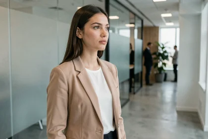 Jeune femme professionnelle discrète en blazer beige dans un couloir de bureau moderne, symbolisant la vie privée et la réserve sur sa carrière