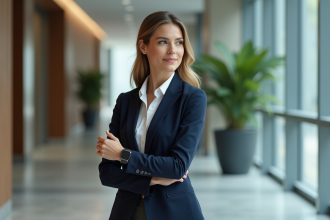 Femme d'affaires regardant sa montre dans un lobby moderne