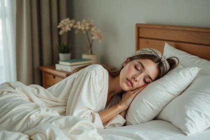 Jeune femme en pyjamas coton dans un lit cosy