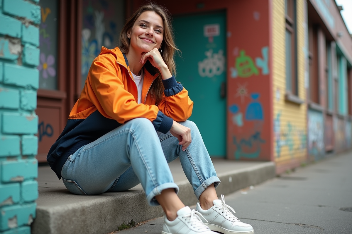 Femme en style rétro 90s assise dehors