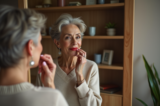 Femme élégante appliquant rouge à lèvres devant miroir