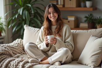 Jeune femme détendue en chaussettes piloupilou dans un salon cozy
