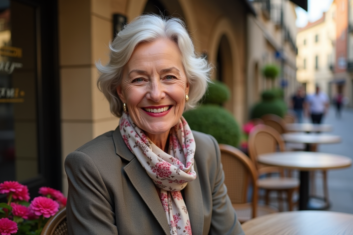Femme senior souriante avec rouge à lèvres au café