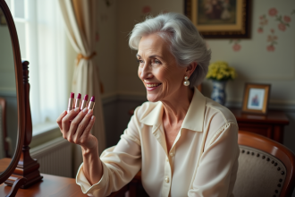 Femme senior souriante admire des rouges à lèvres