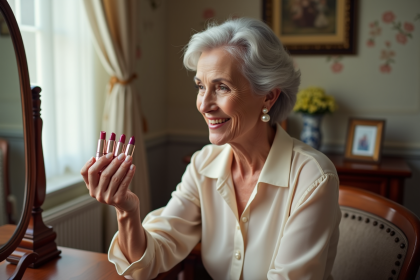 Femme senior souriante admire des rouges &agrave; l&egrave;vres